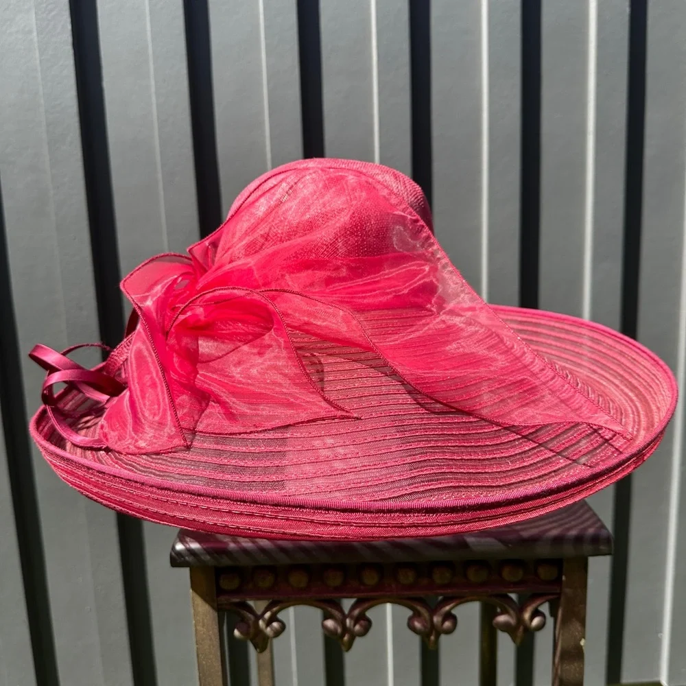 Something Special Cranberry Red Kentucky Derby Wide Brim Ribbon Bow Hat